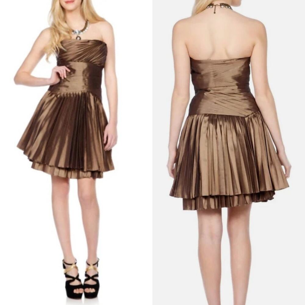 8 Halston Heritage Bronze Pleated Metallic Mini Dress Sleeveless Cocktail Party